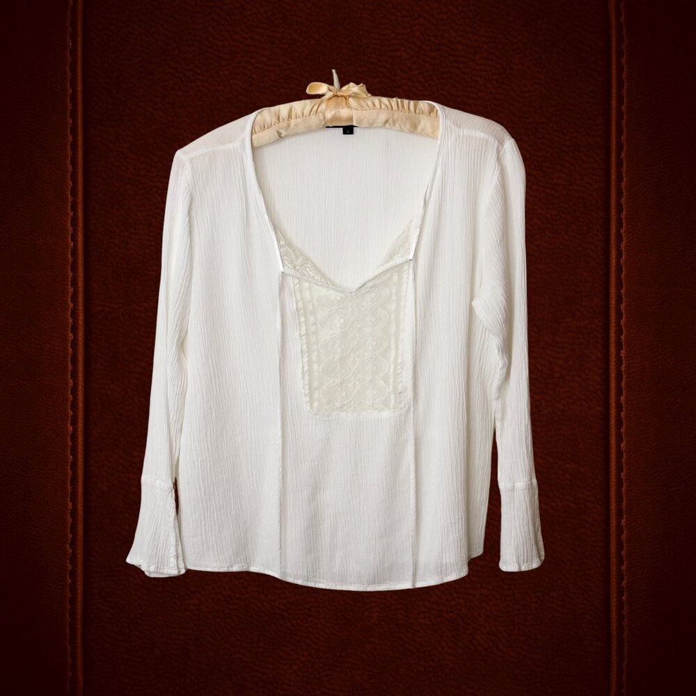 Ambiance White Sheer Blouse / Coverup with Tie Neck, Large